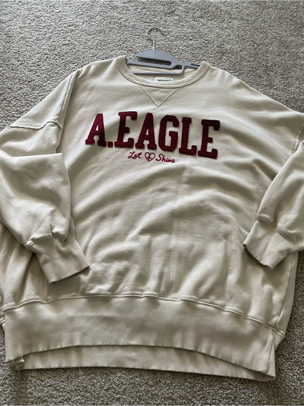 American Eagle Outfitters Cream Crewneck Sweatshirt with Maroon Lettering